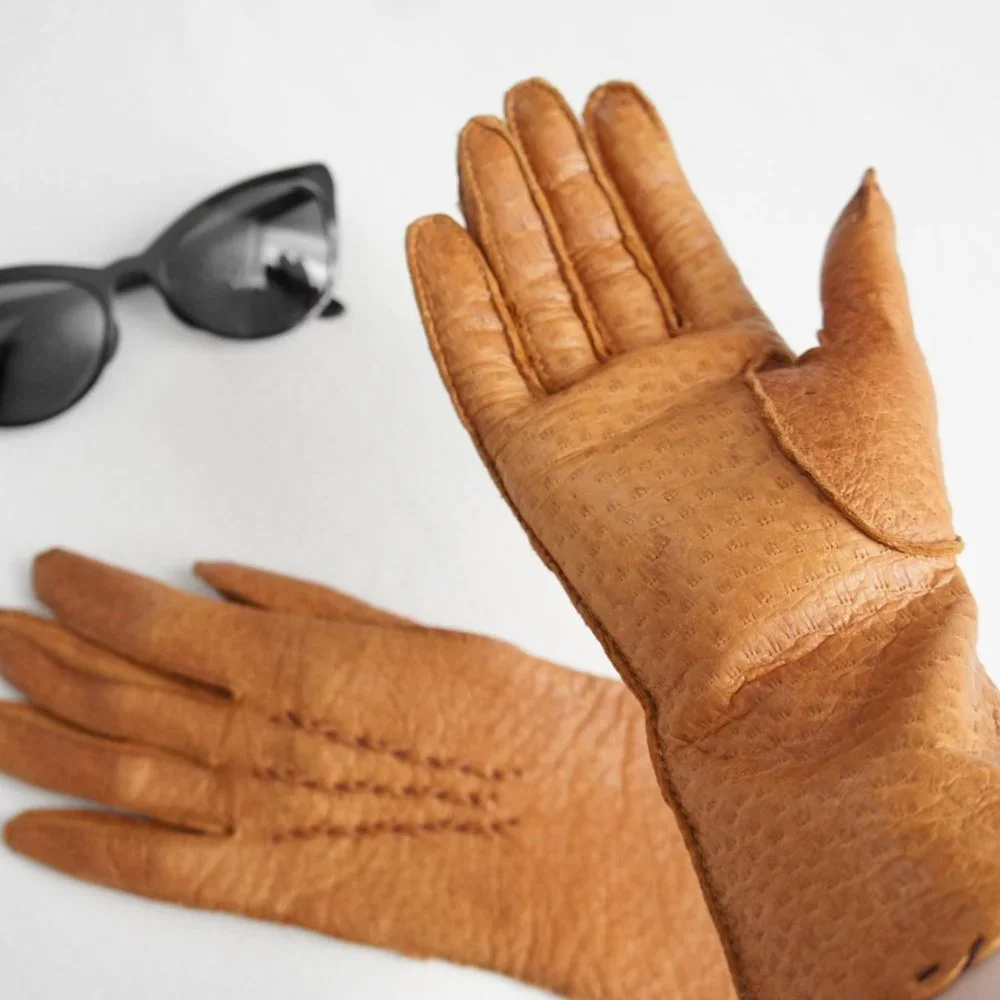 Vintage Cognac Tan Brown Leather Gloves Women's Size 6.5